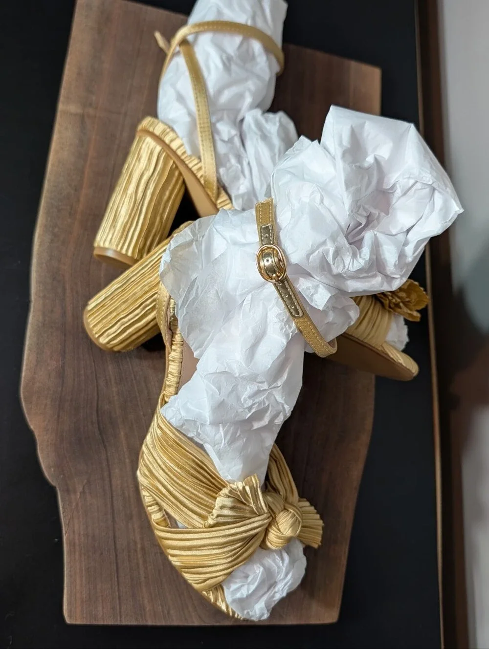 Gold Yellow Pleated Knot-Accent High Heel Sandals - Women